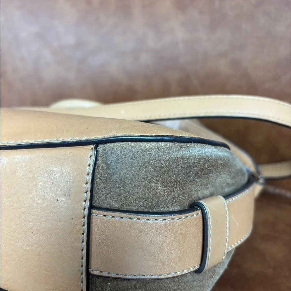 Michael Kors Romy Medium Suede Satchel Crossbody Bag Taupe Tan Leather